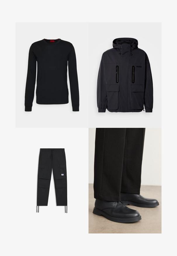 Must have veekindel, kapuutsiga must jakk, kus on kaks tõmblukuga rinna-taskut ja elastsed mansetid. Omab minimalistlikku disaini ja "HUGO" brändimist.; HUGO SAN CEDRIC - Džemper - black; Mustad mustahoidjad püksid, millel on nööri vöö, mitmed taskud, elastne varrukas ja diskreetne logopatch. Valmistatud kerge kangast.; Mustad mustad nahast kingad ümarate varvastega, lame tallaga ja minimaalsete detailidega. Kombineeritud pritsitud mustade pükstega, mis näitavad siledat tekstuuri.