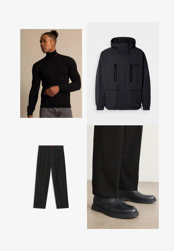 Black waterproof jacket with a hood, two zippered chest pockets, and elastic cuffs. Features minimalistic design and "HUGO" branding.; Black turtleneck sweater made of ribbed material with long sleeves. Features a small red logo on the neck. Worn with gray jeans.; Black trousers with a pleated design, wide leg shape, and a smooth texture. Features a red waistband tag.; Black leather shoes with a rounded toe, flat sole, and minimal detailing. Paired with tailored black pants, showing smooth texture.
