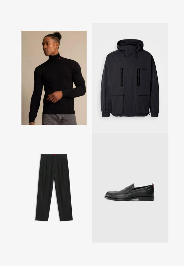 Black waterproof jacket with a hood, two zippered chest pockets, and elastic cuffs. Features minimalistic design and "HUGO" branding.; Black turtleneck sweater made of ribbed material with long sleeves. Features a small red logo on the neck. Worn with gray jeans.; Black trousers with a pleated design, wide leg shape, and a smooth texture. Features a red waistband tag.; Black leather loafers with a textured front panel and smooth sides. Features a slim heel and rear loop for easy wear. Classic design.