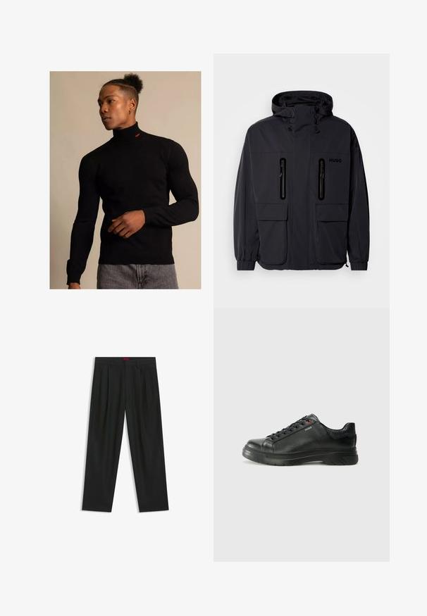 Musta vedenpitävä takki hupulla, jossa on kaksi vetoketjullista rintataskua ja elastiset hihansuut. Ominaisuuksina minimalistinen muotoilu ja "HUGO" -brändäys.; Musta korkeakaulusneule, joka on valmistettu ribbikankaisesta materiaalista, pitkähihainen. Kauluksessa pieni punainen logo. Yhdistetty harmaisiin farkkuihin.; Mustat housut, joissa on poimutettu muotoilu, leveä lahjetyyppi ja sileä pinta. Varustettu punaisella vyötärötagilla.; Musta nahkakengät, joissa on teksturoidun pinnan, pehmustettu kaulus ja punainen logo. Kengissä on paksu kumipohja, jossa on selkeä uramalli.