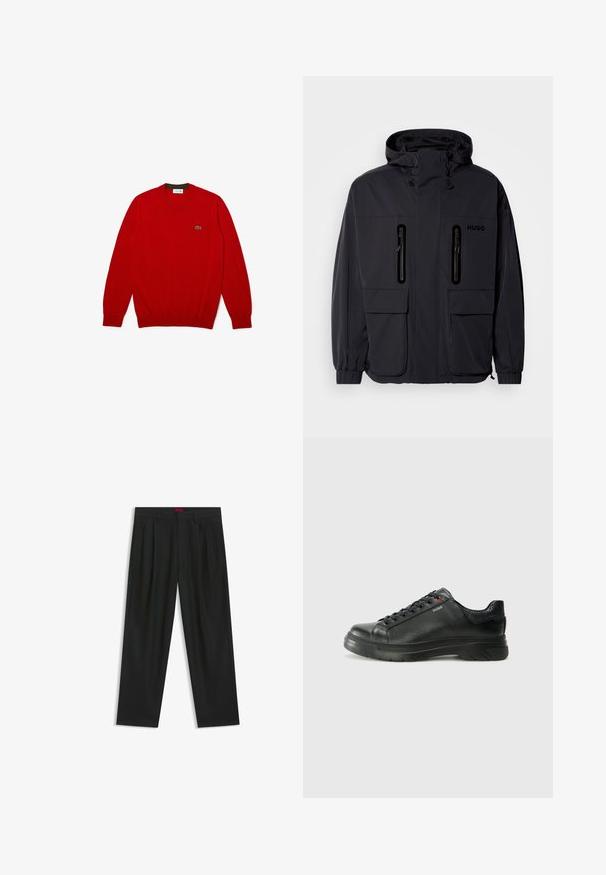 Svart vattentät jacka med huva, två blixtlåsförsedda bröstfickor och elastiska muddar. Har en minimalistisk design och "HUGO"-logotyp.; Röd stickad tröja med ribbad textur, långa ärmar, rundad halsringning och en liten grön logotyp på bröstet. Rak fåll i botten.; Svarta byxor med vikta detaljer, bred benform och en slät textur. Har en röd midjebandsetikett.; Svart lädersneaker med texturerad ovandel, vadderat krage och röd logotypdetalj. Utrustad med en tjock gummisula med distinkt mönster.