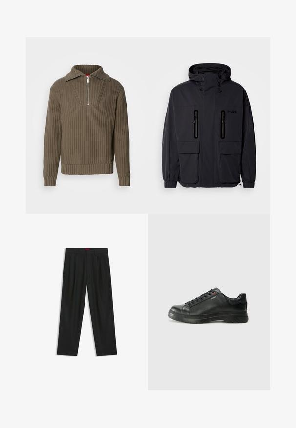 Black waterproof jacket with a hood, two zippered chest pockets, and elastic cuffs. Features minimalistic design and "HUGO" branding.; Brown ribbed pullover with a half zip and a wide collar. Features a textured fabric and a slightly cropped hem. Simplistic design.; Black trousers with a pleated design, wide leg shape, and a smooth texture. Features a red waistband tag.; Black leather sneaker with textured upper, padded collar, and red logo detail. Features a thick rubber sole with distinct tread pattern.