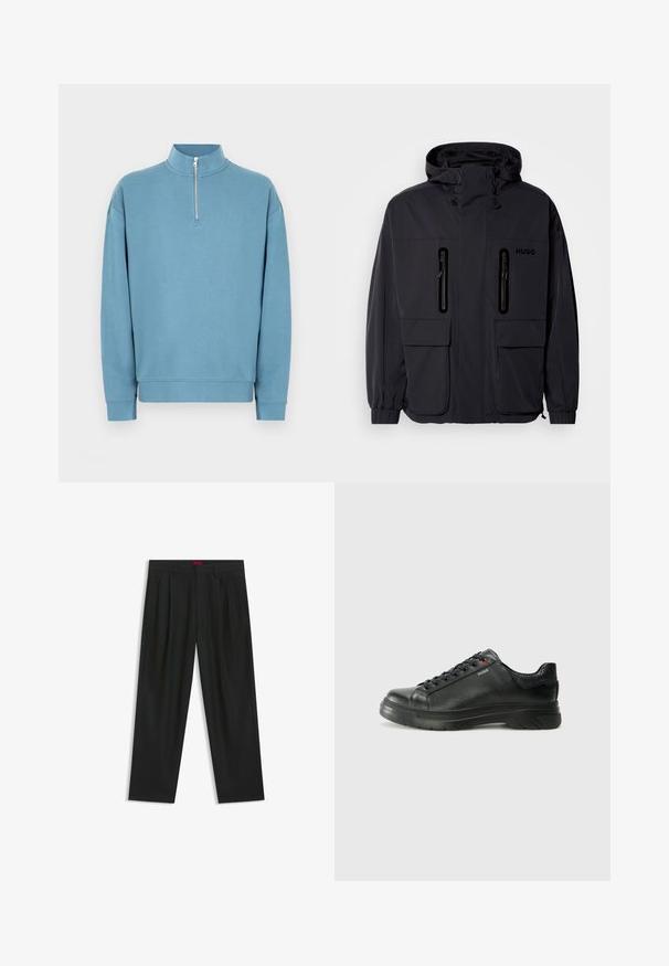 Giacca impermeabile nera con cappuccio, due tasche a zip sul petto e polsini elastici. Presenta un design minimalista e il marchio "HUGO".; Felpa azzurro chiaro con collo a mezza zip, maniche lunghe e polsini a costine. Presenta un logo discreto sul petto. Texture liscia.; Pantaloni neri con un design plissè, forma a gamba larga e texture liscia. Presentano un'etichetta rossa in vita.; Sneaker nera in pelle con superficie testurizzata, collo imbottito e dettaglio logo rosso. Presenta una suola in gomma spessa con un motivo di battistrada distintivo.