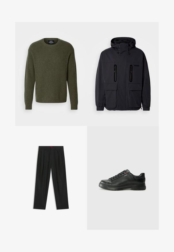Black waterproof jacket with a hood, two zippered chest pockets, and elastic cuffs. Features minimalistic design and "HUGO" branding.; Olive green knitted sweater with a ribbed texture, crew neck, and long sleeves. Minimalist design with no visible patterns or embellishments.; Black trousers with a pleated design, wide leg shape, and a smooth texture. Features a red waistband tag.; Black leather sneaker with textured upper, padded collar, and red logo detail. Features a thick rubber sole with distinct tread pattern.