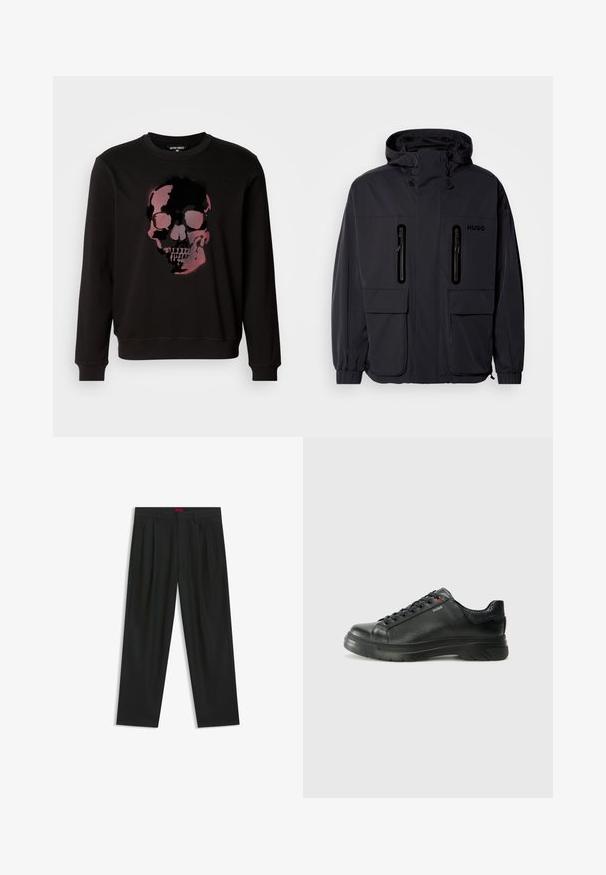 Schwarze wasserdichte Jacke mit Kapuze, zwei mit Reißverschluss versehenen Brusttaschen und elastischen Bündchen. Verfügt über ein minimalistisches Design und "HUGO"-Branding.; Schwarzer Sweatshirt mit einem zentralen Grafikdesign eines Schädels in verschiedenen Rosa- und Schwarztönen, mit Rundhalsausschnitt und gerippten Bündchen.; Schwarze Hose mit einem gefältelten Design, weiter Beinform und glatter Textur. Verfügt über ein rotes Taillenlabel.; Schwarze Leder-Sneaker mit strukturiertem Obermaterial, gepolstertem Kragen und rotem Logo-Detail. Verfügt über eine dicke Gummisohle mit markantem Profil.