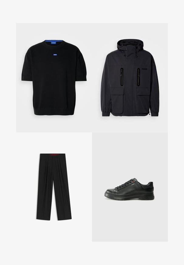 Black waterproof jacket with a hood, two zippered chest pockets, and elastic cuffs. Features minimalistic design and "HUGO" branding.; Black short-sleeve sweater made of soft knit fabric, featuring a crew neckline and a small blue "HUGO" logo on the chest.; Black wide-leg trousers with a flat front, two side pockets, pleated design, and a contrasting red interior waistband.; Black leather sneaker with textured upper, padded collar, and red logo detail. Features a thick rubber sole with distinct tread pattern.