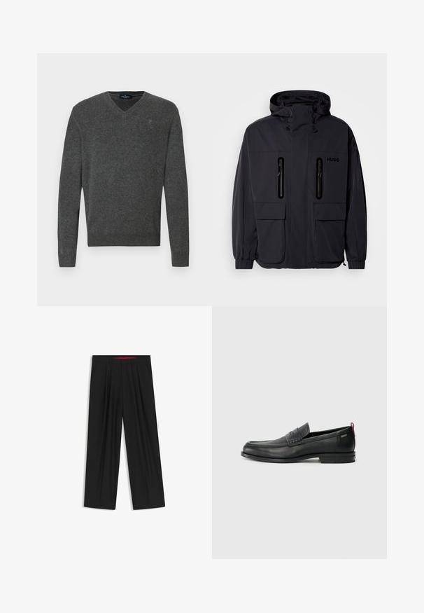 Musta vedenpitävä takki hupulla, jossa on kaksi vetoketjullista rintataskua ja elastiset hihansuut. Ominaisuuksina minimalistinen muotoilu ja "HUGO" -brändäys.; Harmaa V-pääntie neule, joka on valmistettu pehmeästä kankaasta. Varustettu ribbailla käsivarsilla ja helmalla, sekä pienellä brodeeratulla logolla rinnassa. Yksinkertainen muotoilu, klassinen istuvuus.; Musta leveälahkeinen housu, jossa on litteä etuosa, kaksi sivupistettä, laskostettu muotoilu ja kontrastivärinen punainen vyötärön sisäosa.; Musta nahkakengät, joissa on teksturoitu etupaneeli ja sileät sivut. Varustettu kapealla kantapäillä ja takasilmukalla helppoa pukemista varten. Klassinen muotoilu.