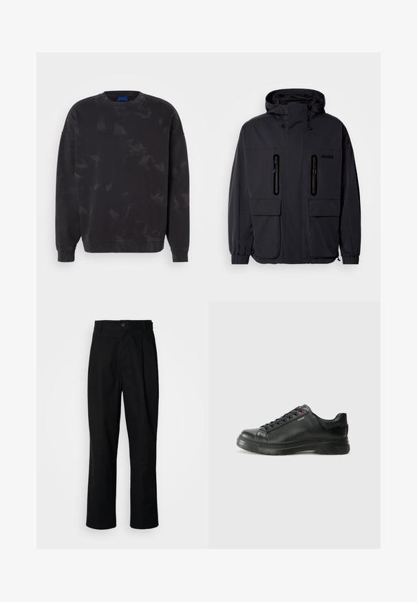 Giacca impermeabile nera con cappuccio, due tasche a zip sul petto e polsini elastici. Presenta un design minimalista e il marchio "HUGO".; Felpa nera con collo a giro, caratterizzata da un sottile motivo tie-dye, maniche lunghe e polsini e orlo a costine. Realizzata in tessuto morbido.; Pantaloni neri a gamba dritta con vita con bottoni, passanti per cintura e piega frontale, esposti su uno sfondo bianco semplice.; Sneaker nera in pelle con superficie testurizzata, collo imbottito e dettaglio logo rosso. Presenta una suola in gomma spessa con un motivo di battistrada distintivo.
