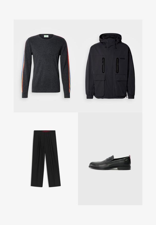 Zwarte waterdichte jas met een capuchon, twee ritszakken op de borst en elastische manchetten. Heeft een minimalistisch ontwerp en "HUGO" branding.; Donkergrijze trui met lange mouwen, voorzien van regenboogstrepen op de schouders. Gemaakt van zachte stof met een ronde hals.; Zwarte wijde broek met een vlakke voorkant, twee zijzakken, geplooid ontwerp en een contrasterende rode binnenband.; Zwarte leren instappers met een textuur aan de voorkant en gladde zijden. Voorzien van een slanke hak en een lus aan de achterkant voor gemakkelijk aan- en uittrekken. Klassiek ontwerp.