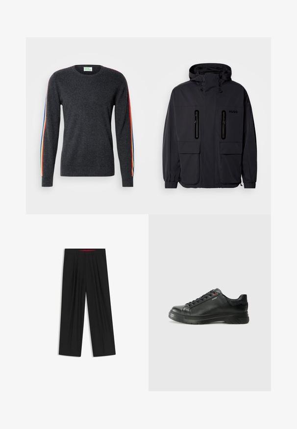 Giacca impermeabile nera con cappuccio, due tasche a zip sul petto e polsini elastici. Presenta un design minimalista e il marchio "HUGO".; Maglione grigio scuro con maniche lunghe, caratterizzato da strisce arcobaleno sulle spalle. Realizzato in un tessuto morbido con scollatura a girocollo.; Pantaloni neri a gamba larga con fronte piatto, due tasche laterali, design plissettato e un elastico in vita di colore rosso a contrasto.; Sneaker nera in pelle con superficie testurizzata, collo imbottito e dettaglio logo rosso. Presenta una suola in gomma spessa con un motivo di battistrada distintivo.