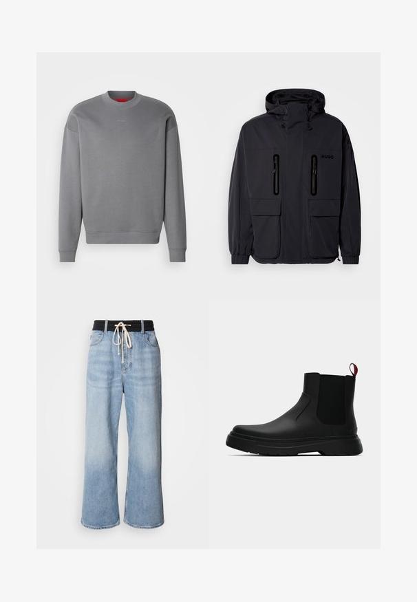 Giacca impermeabile nera con cappuccio, due tasche a zip sul petto e polsini elastici. Presenta un design minimalista e il marchio "HUGO".; HUGO DAPOCREW - Felpa - open grey; Jeans blu chiaro a gamba larga con vita elastica nera, dotati di chiusura con coulisse e design classico a cinque tasche.; Stivale alla caviglia nero con finitura liscia, pannelli laterali elastici e un tab di presa rosso a contrasto, dotato di una suola in gomma spessa e punta arrotondata.