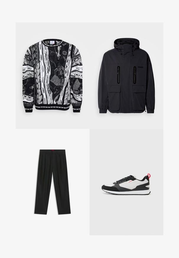 Schwarze wasserdichte Jacke mit Kapuze, zwei mit Reißverschluss versehenen Brusttaschen und elastischen Bündchen. Verfügt über ein minimalistisches Design und "HUGO"-Branding.; Schwarz-weißer Pullover mit komplexen Mustern, die Stadtszenen und abstrakte Designs zeigen. Stricktextur mit gerippten Bündchen und Halsauschnitt.; Schwarze Hose mit einem gefältelten Design, weiter Beinform und glatter Textur. Verfügt über ein rotes Taillenlabel.; Schwarz-weiße Sneaker mit einem Obermaterial aus Wildleder und Mesh, ausgestattet mit einem roten Zugband und einer strukturierten Sohle. Schnürdesign mit Logodetail.