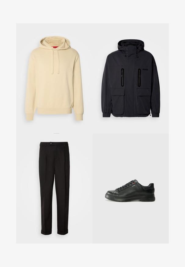 Černá voděodolná bunda s kapucí, dvěma zipovými kapsami na hrudi a elastickými manžetami. Vyznačuje se minimalistickým designem a značkovým logem "HUGO".; Krémová mikina s kapucí na šňůrku, měkká textura, žebrované manžety a lem. Na přední straně se nachází nenápadné logo "HUGO".; Černé kalhoty s hladkou texturou, rázovaného střihu, dvěma předními kapsami a jedním knoflíkovým zapínáním v pase.; Černé kožené tenisky s texturovaným svrškem, polstrovaným límcem a červeným logem. Disponují tlustou gumovou podrážkou s výrazným vzorem.