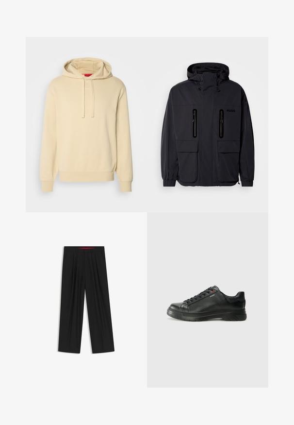Giacca impermeabile nera con cappuccio, due tasche a zip sul petto e polsini elastici. Presenta un design minimalista e il marchio "HUGO".; Felpa crema con cappuccio regolabile, texture morbida, polsini e orlo a coste. Presenta un discreto marchio "HUGO" sul davanti.; Pantaloni neri a gamba larga con fronte piatto, due tasche laterali, design plissettato e un elastico in vita di colore rosso a contrasto.; Sneaker nera in pelle con superficie testurizzata, collo imbottito e dettaglio logo rosso. Presenta una suola in gomma spessa con un motivo di battistrada distintivo.