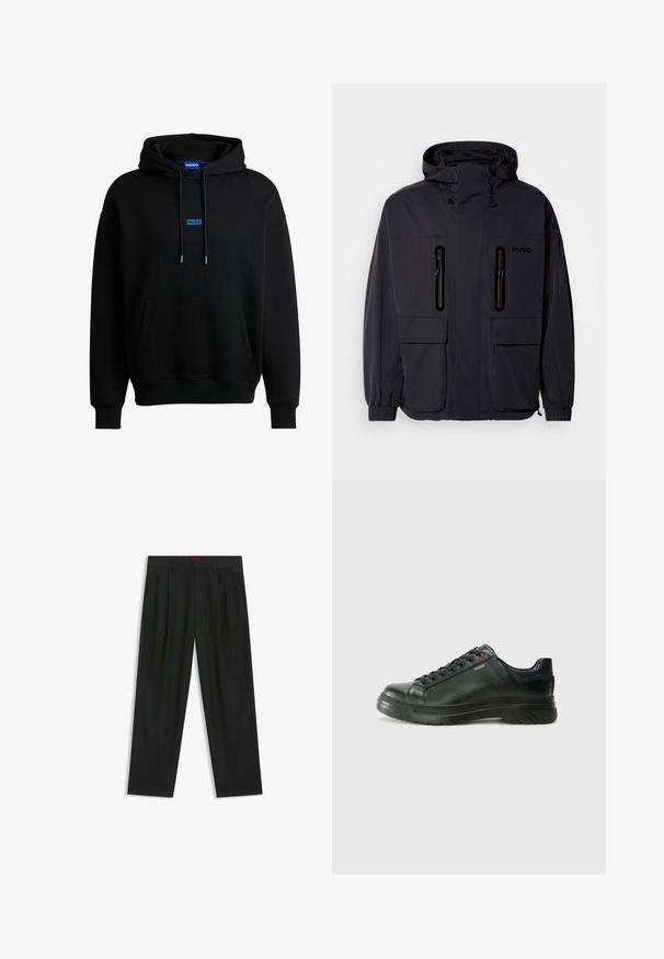 Chaqueta impermeable negra con capucha, dos bolsillos en el pecho con cremallera y puños elásticos. Presenta un diseño minimalista y el logotipo "HUGO".; HUGO NAZARDO - Jersey con capucha - black one; Pantalones negros con diseño plisado, forma de pierna ancha y textura suave. Presenta una etiqueta de cintura roja.; Zapatilla negra de cuero con parte superior texturizada, cuello acolchado y detalle del logo en rojo. Presenta una suela de goma gruesa con un patrón de relieve distintivo.