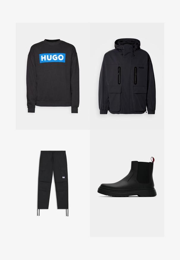 Fekete vízálló dzseki kapucnival, két cipzáras mellzsebbel és rugalmas mandzsettával. Minimalista dizájnnal és "HUGO" logóval ellátva.; Fekete, pamutkeverékből készült kapucnis pulóver, nagy kék téglalap alakú logóval, rajta fehér betűkkel a "HUGO" felirattal az elején.; Fekete cargo nadrág, állítható derékkal, több zsebbel, rugalmas mandzsettával és diszkrét logóval. Könnyű anyagból készült.; Fekete bokacipő sima felülettel, ruganyos oldalsó panelek és kontrasztos piros húzópánt jellemzi, vastag gumitalppal és lekerekített orral.