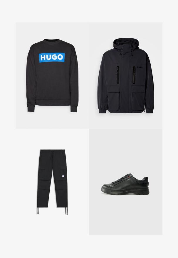 Melna ūdensnecaurlaidīga jaka ar kapuci, divām kabatām ar rāvējslēdzēju krūšu augšdaļā un elastīgām aprocēm. Ievēro minimālistisku dizainu un "HUGO" zīmolu.; Melnais džemperis, izgatavots no kokvilnas maisījuma, ar lielu zilu taisnstūra logo, uz kura priekšpuses rakstīts "HUGO" baltajās burtiņās.; Melni kravu bikses ar auklu jostu, vairākām kabatām, elastīgu aproci un diskretu logotipa uzlīmi. Izgatavotas no viegla auduma.; Melnas ādas sporta kedas ar teksturētu virsu, mīkstinātu apmalu un sarkanu logotipa detaļu. Iezīmējas ar biezu gumijas zoli ar izteiktu rakstu.