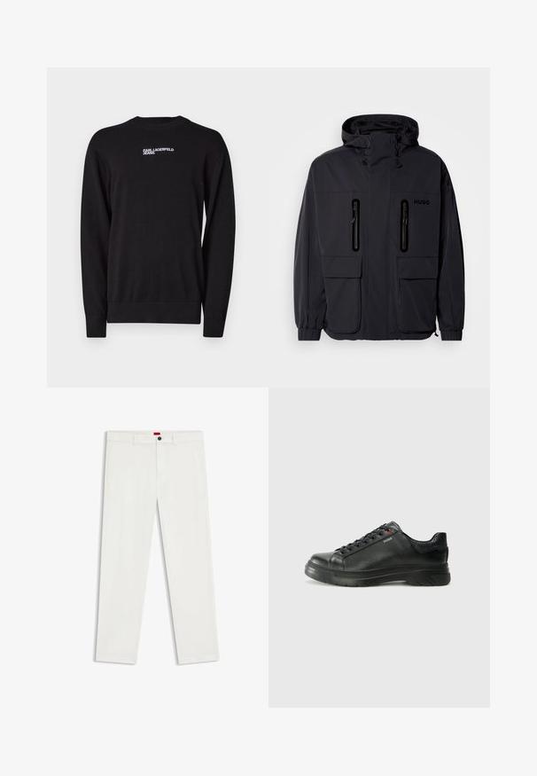 Svart vanntett jakke med hette, to glidelåslommer på brystet og elastiske mansjetter. Har et minimalistisk design og "HUGO"-merke.; Svart strikkegenser med rund hals, ribbestrikkede mansjetter og hem, og hvit "KARL LAGERFELD JEANS" logo på den øvre fronten.; Hvite bukser laget av bomullsblandingsstoff, med rett ben, frontlommer og en enkelt svart knapp i midjen.; Svarte lærsneakers med teksturert overdel, polstret krage og rød logodetalj. Har en tykk gummisåle med tydelig mønster.