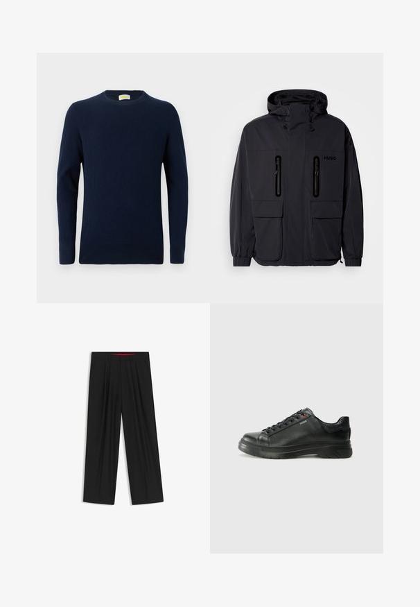 Schwarze wasserdichte Jacke mit Kapuze, zwei mit Reißverschluss versehenen Brusttaschen und elastischen Bündchen. Verfügt über ein minimalistisches Design und "HUGO"-Branding.; Dunkelblauer Pullover aus weichem Stoff, mit Rundhalsausschnitt und langen Ärmeln. Einfaches Design mit feiner Stricktextur und geripptem Saum.; Schwarze weit geschnittene Hosen mit flachem Bund, zwei seitlichen Taschen, gefaltetem Design und einem kontrastierenden roten Innenbund.; Schwarze Leder-Sneaker mit strukturiertem Obermaterial, gepolstertem Kragen und rotem Logo-Detail. Verfügt über eine dicke Gummisohle mit markantem Profil.