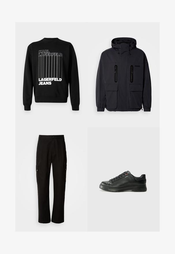 Chaqueta impermeable negra con capucha, dos bolsillos en el pecho con cremallera y puños elásticos. Presenta un diseño minimalista y el logotipo "HUGO".; Sudadera negra con líneas verticales blancas y texto en negrita que dice "KARL LAGERFELD" y "LAGERFELD JEANS". Diseño clásico de cuello redondo.; Pantalones cargo negros de algodón con un corte relajado, que cuentan con bolsillos laterales, cierre de botón y perneras rectas. Diseño simple sin patrones.; Zapatilla negra de cuero con parte superior texturizada, cuello acolchado y detalle del logo en rojo. Presenta una suela de goma gruesa con un patrón de relieve distintivo.