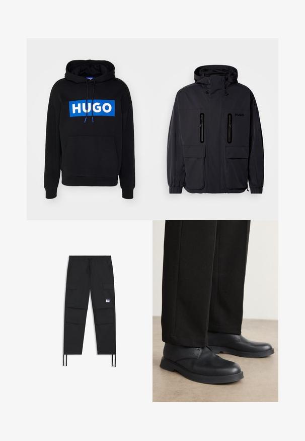 Czarna wodoodporna kurtka z kapturem, z dwoma zamykanymi na zamek kieszeniami na piersi i elastycznymi mankietami. Posiada minimalistyczny design i branding "HUGO".; Czarna bluza z kapturem z niebieskim prostokątnym logo z białym napisem "HUGO", regulowane sznurki, oraz kieszeń z przodu. Miękka tkanina, luźny krój.; Czarne spodnie cargo z regulowanym pasem, wieloma kieszeniami, elastycznymi mankietami i subtelną naszywką z logo. Wykonane z lekkiego materiału.; Czarne skórzane buty z zaokrąglonym noskiem, płaską podeszwą i minimalnymi detalami. W komplecie z dopasowanymi czarnymi spodniami, ukazującymi gładką fakturę.