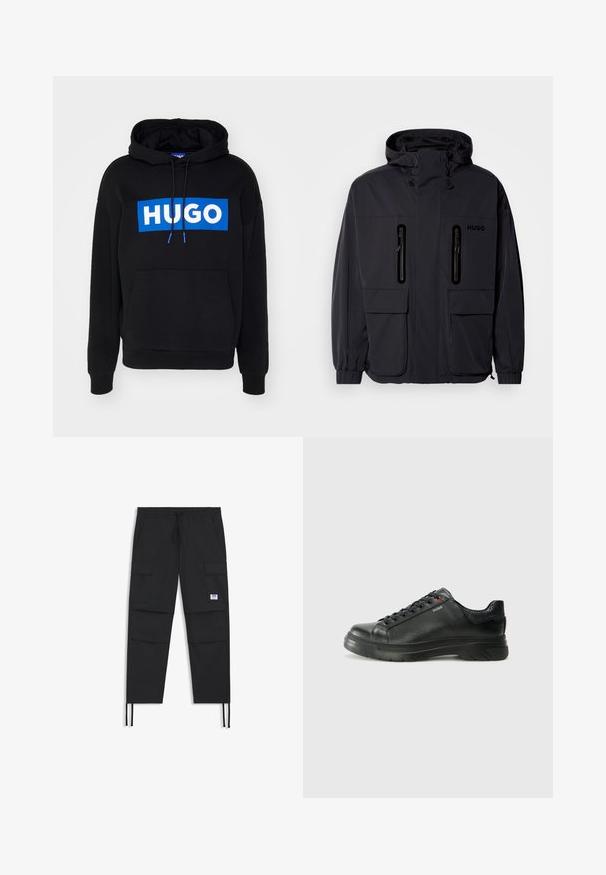 Schwarze wasserdichte Jacke mit Kapuze, zwei mit Reißverschluss versehenen Brusttaschen und elastischen Bündchen. Verfügt über ein minimalistisches Design und "HUGO"-Branding.; Schwarzer Hoodie mit einem blauen rechteckigen Logo, auf dem "HUGO" in weißer Schrift steht. Verstellbare Kordeln und eine Vordertasche. Weicher Stoff, lockerer Schnitt.; Schwarze Cargo-Hosen mit einem Kordelzugbund, mehreren Taschen, elastischem Bund und einem dezenten Logo-Patch. Hergestellt aus leichtem Material.; Schwarze Leder-Sneaker mit strukturiertem Obermaterial, gepolstertem Kragen und rotem Logo-Detail. Verfügt über eine dicke Gummisohle mit markantem Profil.