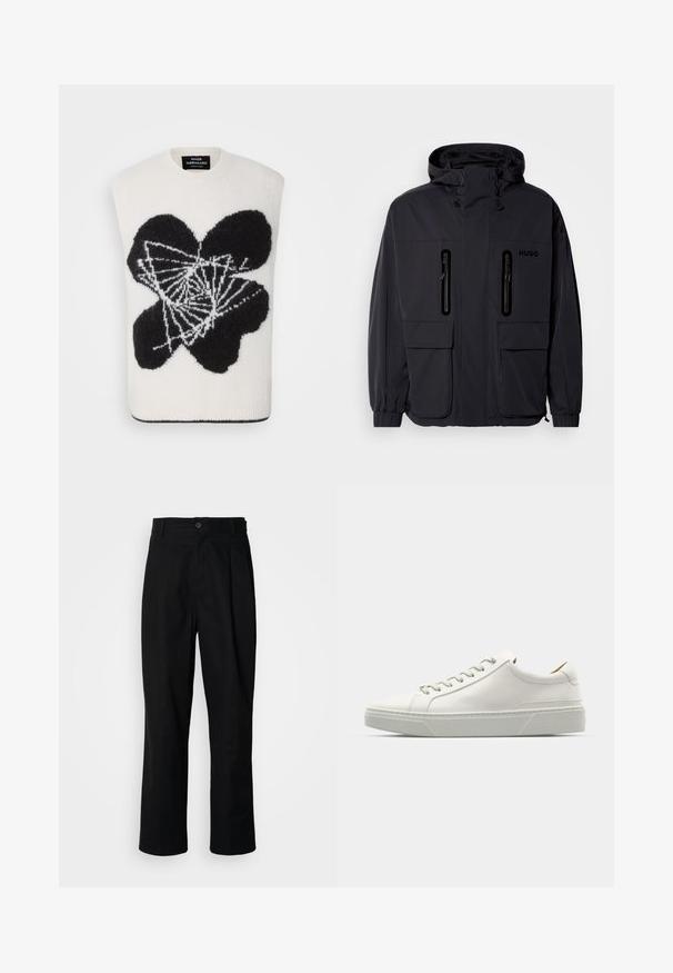 Czarna wodoodporna kurtka z kapturem, z dwoma zamykanymi na zamek kieszeniami na piersi i elastycznymi mankietami. Posiada minimalistyczny design i branding "HUGO".; Bezrękawnik w kolorze kremowym z czarnym abstrakcyjnym wzorem kwiatowym. Wykonany z miękkiego materiału, z okrągłym dekoltem i prążkowanym wykończeniem.; Czarne spodnie o prostych nogawkach z zapięciem na guziki w pasie, szlufkami na pasek i fałdą z przodu, prezentowane na jednolitym białym tle.; Białe skórzane sneakersy z zaokrąglonym noskiem, minimalistycznym designem, szarymi sznurowadłami i teksturowaną szaro-rubberową podeszwą. Widoczne subtelne detale szycia.
