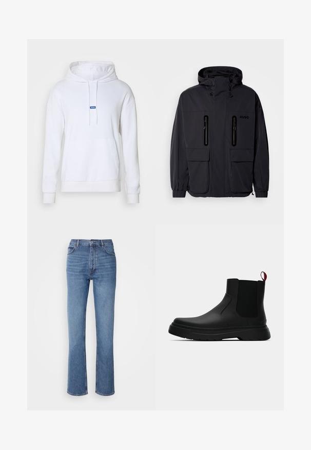 Černá voděodolná bunda s kapucí, dvěma zipovými kapsami na hrudi a elastickými manžetami. Vyznačuje se minimalistickým designem a značkovým logem "HUGO".; Bílá mikina s kapucí vyrobená z měkké bavlny. Obsahuje přední kapsu, šňůrky na stažení a modrou nášivku "HUGO" na hrudi. Dlouhé rukávy.; Modré denimové džíny s vysokým pasem, rovnými nohavicemi a jemným vyblednutím. Mají klasický pětikusový styl a zapínání na zip.; Černé kotníkové boty s hladkým povrchem, elastickými bočními panely a kontrastním červeným poutkem, s tlustou gumovou podrážkou a zaoblenou špičkou.