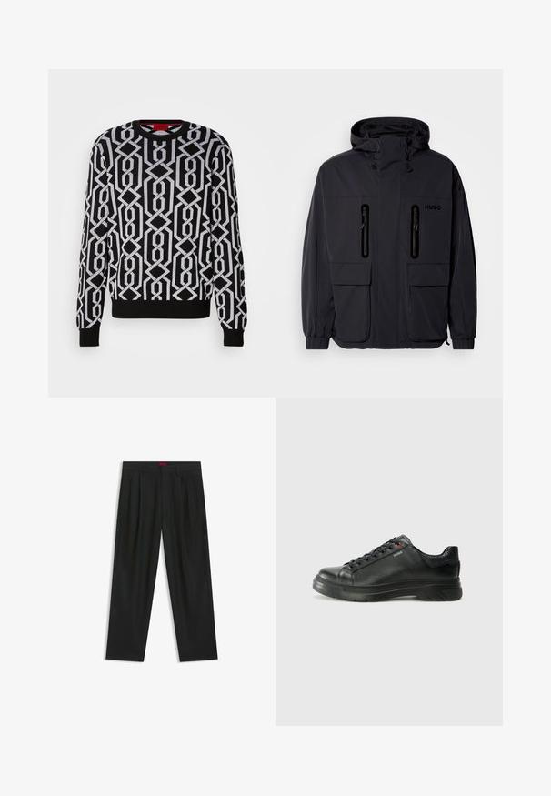 Czarna wodoodporna kurtka z kapturem, z dwoma zamykanymi na zamek kieszeniami na piersi i elastycznymi mankietami. Posiada minimalistyczny design i branding "HUGO".; Czarny sweter z geometrycznym białym wzorem, okrągłym dekoltem, długimi rękawami oraz ściągaczami na mankietach i u dołu. Wykonany z dzianiny.; Czarne spodnie o plisowanym wzorze, szerokim kroju nogawek i gładkiej fakturze. Posiadają czerwony metek w pasie.; Czarne skórzane sneakersy z teksturowaną cholewką, miękkim kołnierzem i czerwonym logo. Posiadają grubą gumową podeszwę z wyraźnym wzorem bieżnika.
