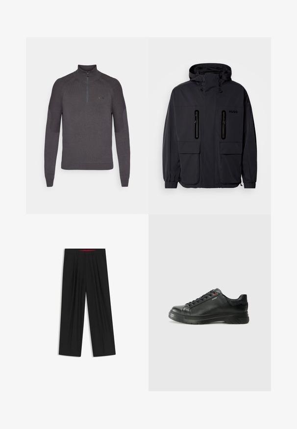 Schwarze wasserdichte Jacke mit Kapuze, zwei mit Reißverschluss versehenen Brusttaschen und elastischen Bündchen. Verfügt über ein minimalistisches Design und "HUGO"-Branding.; Dunkelgrauer Strickpullover mit Halbzip-Kragen, gerippten Bündchen und strukturierten Akzenten an den Schultern, mit einem dezenten Logo auf der Brust.; Schwarze weit geschnittene Hosen mit flachem Bund, zwei seitlichen Taschen, gefaltetem Design und einem kontrastierenden roten Innenbund.; Schwarze Leder-Sneaker mit strukturiertem Obermaterial, gepolstertem Kragen und rotem Logo-Detail. Verfügt über eine dicke Gummisohle mit markantem Profil.