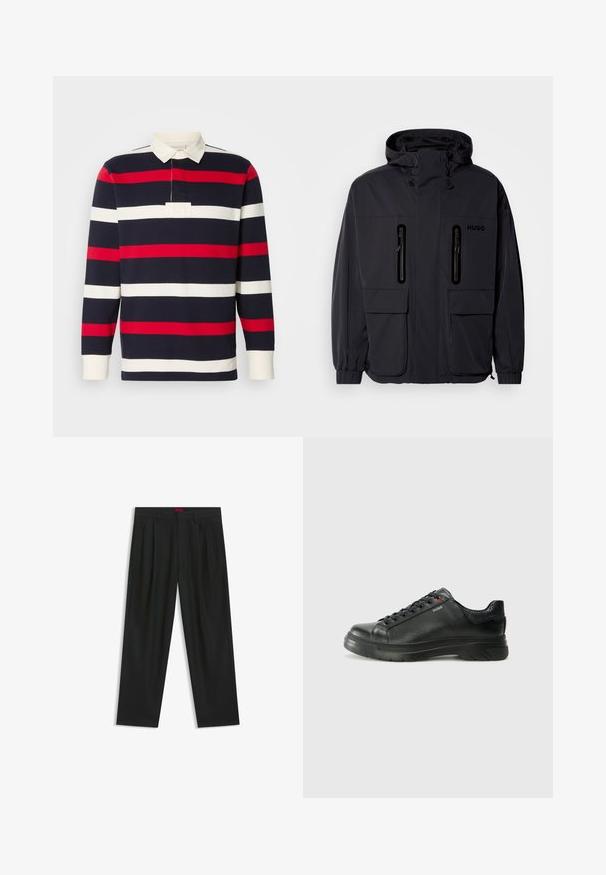Zwarte waterdichte jas met een capuchon, twee ritszakken op de borst en elastische manchetten. Heeft een minimalistisch ontwerp en "HUGO" branding.; Langarm polo shirt met horizontale strepen in marineblauw, rood en wit. Beschikt over een witte kraag en een knoopsluiting met flap, gemaakt van gestructureerd katoen.; Zwarte broek met een geplooid ontwerp, wijde pijpen en een zachte textuur. Voorzien van een rode taillebandlabel.; Zwarte leren sneaker met een gestructureerde bovenkant, gevoerde kraag en rode logo-details. Heeft een dikke rubberen zool met een opvallend loopvlakpatroon.
