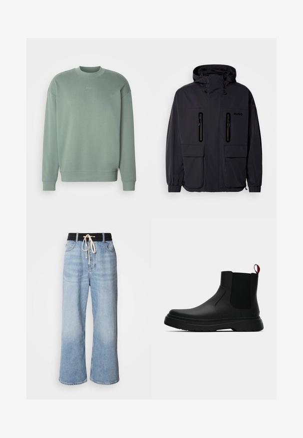 Giacca impermeabile nera con cappuccio, due tasche a zip sul petto e polsini elastici. Presenta un design minimalista e il marchio "HUGO".; Felpa verde menta con scollo a girocollo, spalle cadenti, polsini a coste e un sottile logo "HUGO" centrato sul petto. Texture morbida.; Jeans blu chiaro a gamba larga con vita elastica nera, dotati di chiusura con coulisse e design classico a cinque tasche.; Stivale alla caviglia nero con finitura liscia, pannelli laterali elastici e un tab di presa rosso a contrasto, dotato di una suola in gomma spessa e punta arrotondata.
