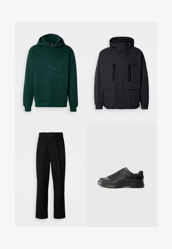 Must have veekindel, kapuutsiga must jakk, kus on kaks tõmblukuga rinna-taskut ja elastsed mansetid. Omab minimalistlikku disaini ja "HUGO" brändimist.; Tume rohelise värvi kapuutsiga dressipluus, mis on valmistatud pehmest kangast. Sellel on ees tasku, reguleeritav paelaga kapuuts ja minimaalne bränding rinnal.; Mustad sirged püksid nuppudega vöökoht, vöölõngad ja eesmine voldik, esitatud lihtsa valge tausta ees.; Must musta tennis, mille tekstuuriga pealis, pehmendatud krae ja punane logo detail. Omab paksu kummist tallat, millel on selge tallamuster.