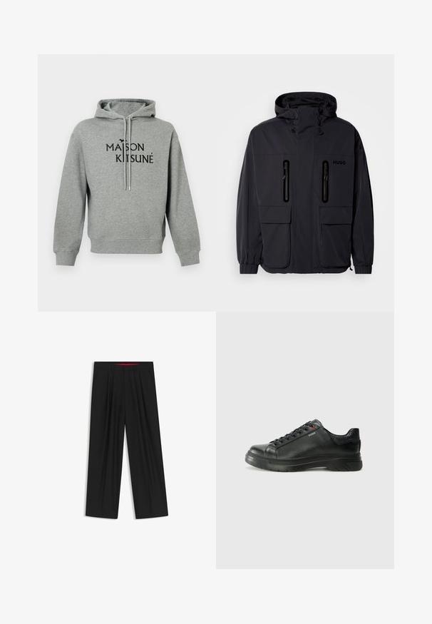 Schwarze wasserdichte Jacke mit Kapuze, zwei mit Reißverschluss versehenen Brusttaschen und elastischen Bündchen. Verfügt über ein minimalistisches Design und "HUGO"-Branding.; Grauer Hoodie aus weichem Stoff mit einer vorderen Kängurutasche, Kordelzügen und einem schwarzen Logo "MAISON KITSUNÉ" mit einem kleinen Fuchs-Symbol.; Schwarze weit geschnittene Hosen mit flachem Bund, zwei seitlichen Taschen, gefaltetem Design und einem kontrastierenden roten Innenbund.; Schwarze Leder-Sneaker mit strukturiertem Obermaterial, gepolstertem Kragen und rotem Logo-Detail. Verfügt über eine dicke Gummisohle mit markantem Profil.