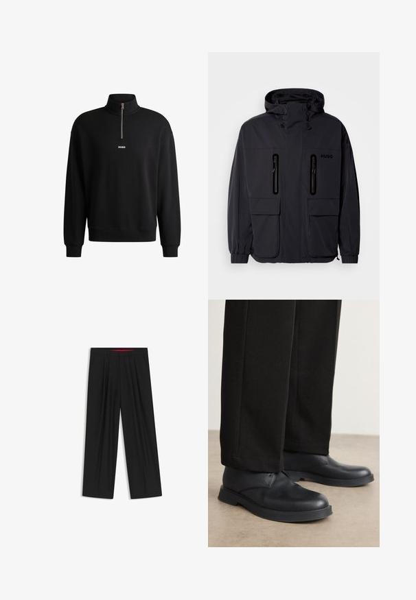 Giacca impermeabile nera con cappuccio, due tasche a zip sul petto e polsini elastici. Presenta un design minimalista e il marchio "HUGO".; Felpa nera con colletto alto, zip frontale e logo discreto. Realizzata in tessuto morbido, presenta polsini e orlo a coste.; Pantaloni neri a gamba larga con fronte piatto, due tasche laterali, design plissettato e un elastico in vita di colore rosso a contrasto.; Scarpe in pelle nera con punta tondeggiante, suola piatta e dettagli minimi. Abbinato a pantaloni neri su misura, che mostrano una superficie liscia.