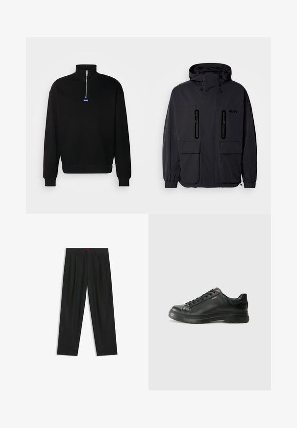 Svart vattentät jacka med huva, två blixtlåsförsedda bröstfickor och elastiska muddar. Har en minimalistisk design och "HUGO"-logotyp.; Svart sweatshirt i mjukt material, med hög krage och halv dragkedja. Har en blå rektangulär logotyp vid bröstet.; Svarta byxor med vikta detaljer, bred benform och en slät textur. Har en röd midjebandsetikett.; Svart lädersneaker med texturerad ovandel, vadderat krage och röd logotypdetalj. Utrustad med en tjock gummisula med distinkt mönster.