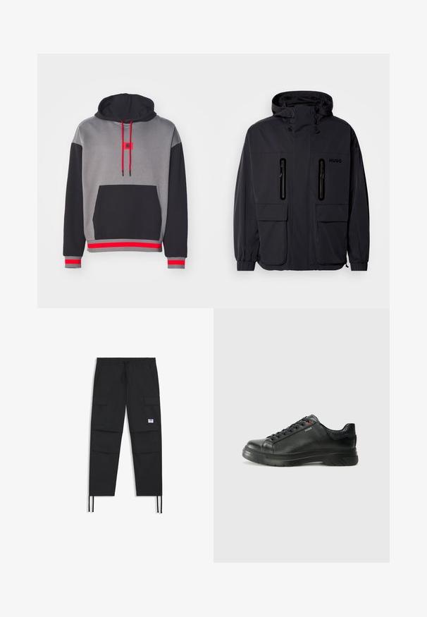 Zwarte waterdichte jas met een capuchon, twee ritszakken op de borst en elastische manchetten. Heeft een minimalistisch ontwerp en "HUGO" branding.; Hoody met een grijze romp, zwarte mouwen, rode accenten en een voorzak. De koordjes zijn ook rood met zwarte uiteinden.; Zwarte cargobroek met een trekkoord in de taille, meerdere zakken, elastische manchetten en een subtiele logo patch. Gemaakt van lichte stof.; Zwarte leren sneaker met een gestructureerde bovenkant, gevoerde kraag en rode logo-details. Heeft een dikke rubberen zool met een opvallend loopvlakpatroon.