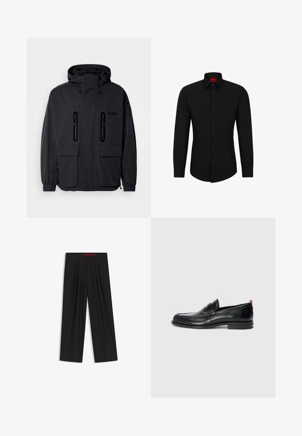 Schwarze wasserdichte Jacke mit Kapuze, zwei mit Reißverschluss versehenen Brusttaschen und elastischen Bündchen. Verfügt über ein minimalistisches Design und "HUGO"-Branding.; Schwarzes Langarmhemd mit Knopfleiste, klassischem Kragen und abgerundetem Saum; verfügt über schwarze Knöpfe und ein rotes Logo im Kragen.; Schwarze weit geschnittene Hosen mit flachem Bund, zwei seitlichen Taschen, gefaltetem Design und einem kontrastierenden roten Innenbund.; Schwarze Lederloafer mit schlankem Design, runder Zehenform, strukturiertem Akzent auf dem Vorderblatt und gummierter Sohle für besseren Halt. Mit Rückziehschlaufe.