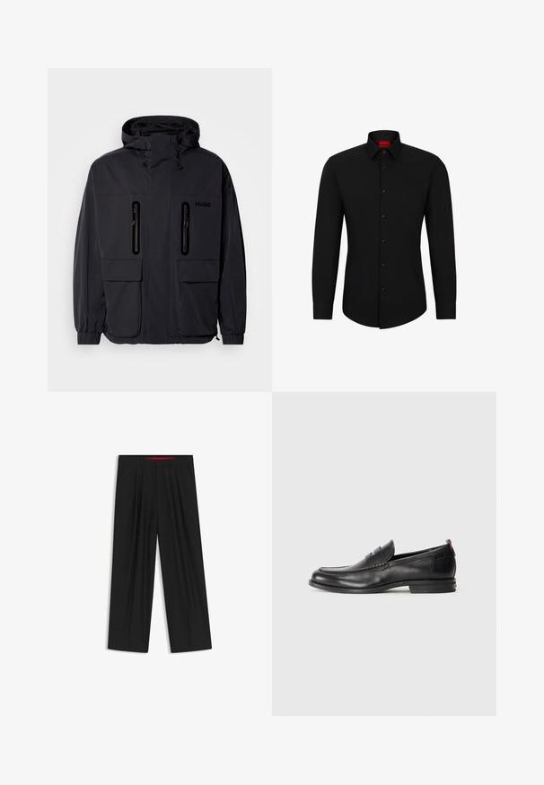 Schwarze wasserdichte Jacke mit Kapuze, zwei mit Reißverschluss versehenen Brusttaschen und elastischen Bündchen. Verfügt über ein minimalistisches Design und "HUGO"-Branding.; Schwarzes Langarmhemd mit Knopfleiste, klassischem Kragen und abgerundetem Saum; verfügt über schwarze Knöpfe und ein rotes Logo im Kragen.; Schwarze weit geschnittene Hosen mit flachem Bund, zwei seitlichen Taschen, gefaltetem Design und einem kontrastierenden roten Innenbund.; Schwarze Lederloafers mit runder Zehenpartie, genähten Details und einem kleinen roten Akzent an der Ferse. Flache Gummisohle.
