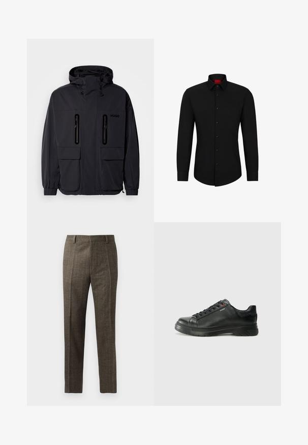 Svart vanntett jakke med hette, to glidelåslommer på brystet og elastiske mansjetter. Har et minimalistisk design og "HUGO"-merke.; Svart langermet skjorte med knapp foran, klassisk krage og rund nederkant; har svarte knapper og en rød logo inne i kragen.; Rutete brune bukser har rette ben, frontfolder og beltehemper. Laget av strukturert stoff med tynne striper.; Svarte lærsneakers med teksturert overdel, polstret krage og rød logodetalj. Har en tykk gummisåle med tydelig mønster.