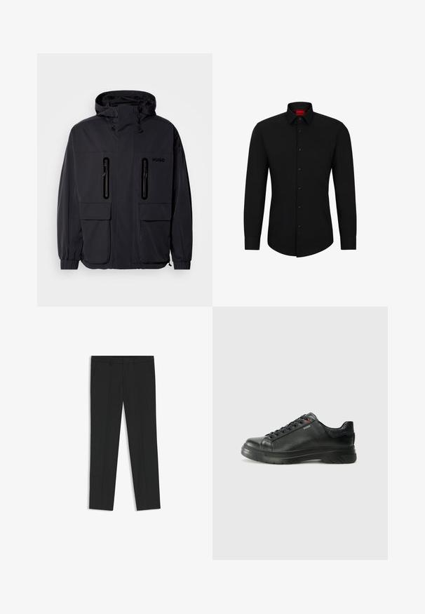 Zwarte waterdichte jas met een capuchon, twee ritszakken op de borst en elastische manchetten. Heeft een minimalistisch ontwerp en "HUGO" branding.; Zwarte blouse met lange mouwen, knoopsluiting aan de voorkant, klassieke kraag en ronde onderkant; voorzien van zwarte knopen en een rood logo binnenin de kraag.; Zwarte converspantalons, op maat gemaakt, met een gladde textuur, riemlussen en zijzakken. Plat voorpand met een rechte pijp.; Zwarte leren sneaker met een gestructureerde bovenkant, gevoerde kraag en rode logo-details. Heeft een dikke rubberen zool met een opvallend loopvlakpatroon.