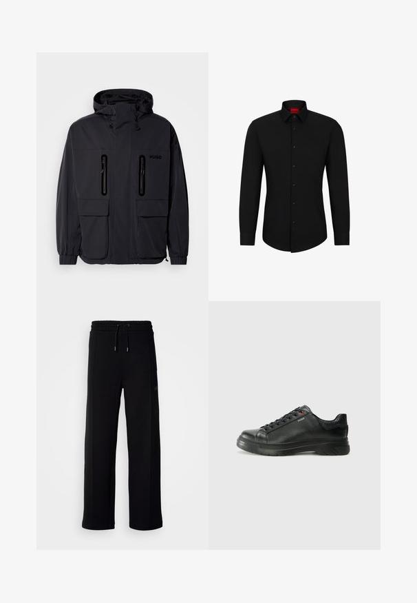 Zwarte waterdichte jas met een capuchon, twee ritszakken op de borst en elastische manchetten. Heeft een minimalistisch ontwerp en "HUGO" branding.; Zwarte blouse met lange mouwen, knoopsluiting aan de voorkant, klassieke kraag en ronde onderkant; voorzien van zwarte knopen en een rood logo binnenin de kraag.; Zwarte sweatpants van zacht materiaal, met een brede pijpuitvoering, elastische tailleband met trekkoord en zijzakken. Minimale merkdetails.; Zwarte leren sneaker met een gestructureerde bovenkant, gevoerde kraag en rode logo-details. Heeft een dikke rubberen zool met een opvallend loopvlakpatroon.