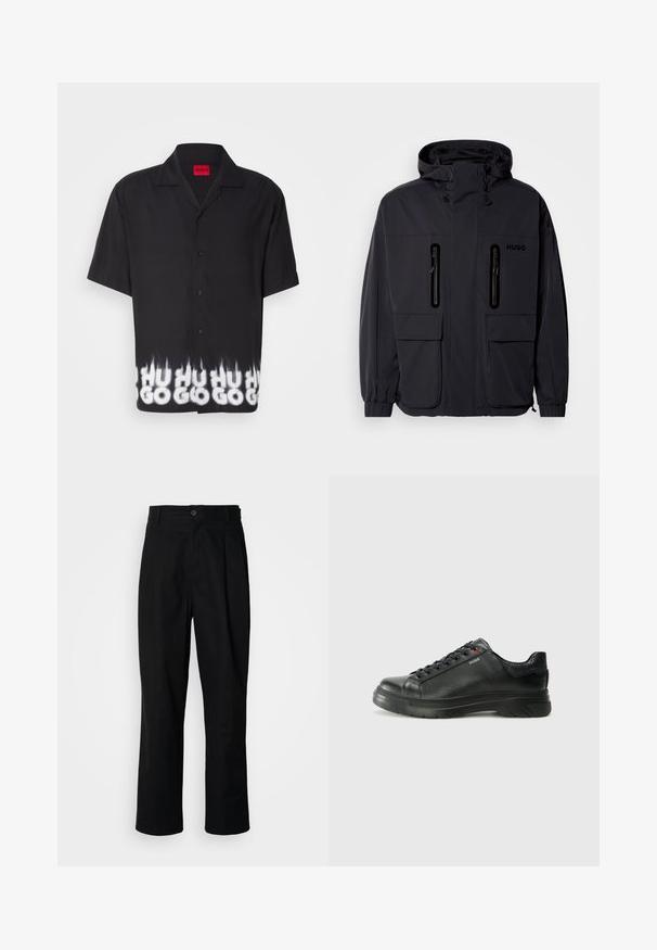 Geacă impermeabilă neagră cu glugă, două buzunare pe piept cu fermoar și manșoane elastice. Prezintă un design minimalist și branding "HUGO".; Cămașă neagră cu mânecă scurtă, cu închidere prin nasturi, prezentând un design grafic în alb și gri la tiv, care spune "HU GO" într-un model asemănător flăcărilor.; Pantaloni negri cu croială dreaptă, cu talie cu nasturi, bucle pentru curea și cute pe față, prezentati pe un fundal alb simplu.; Sneaker din piele neagră cu un superior texturat, guler căptușit și detalii cu logo roșu. Are o talpă groasă din cauciuc cu un model de bandă distinct.