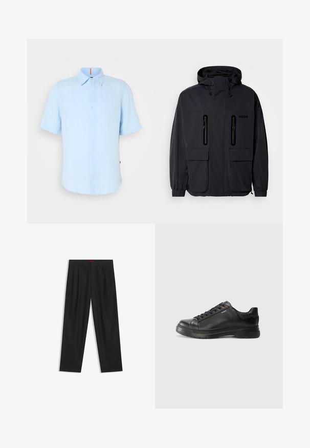 Zwarte waterdichte jas met een capuchon, twee ritszakken op de borst en elastische manchetten. Heeft een minimalistisch ontwerp en "HUGO" branding.; Lichtblauw, kort mouwen overhemd in een linnenmix met een klassieke kraag en knoopsluiting. Heeft een kleine oranje accent bij de hals.; Zwarte broek met een geplooid ontwerp, wijde pijpen en een zachte textuur. Voorzien van een rode taillebandlabel.; Zwarte leren sneaker met een gestructureerde bovenkant, gevoerde kraag en rode logo-details. Heeft een dikke rubberen zool met een opvallend loopvlakpatroon.