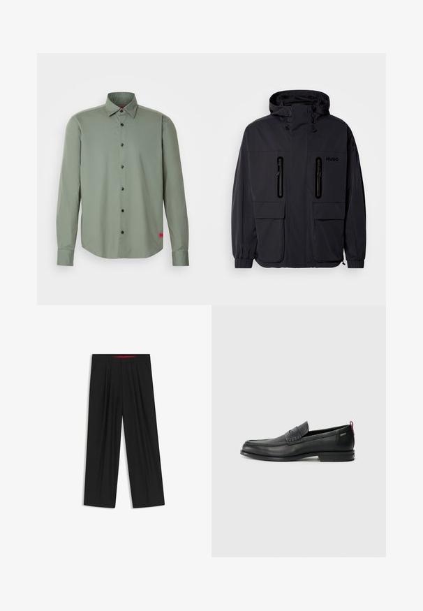 Musta vedenpitävä takki hupulla, jossa on kaksi vetoketjullista rintataskua ja elastiset hihansuut. Ominaisuuksina minimalistinen muotoilu ja "HUGO" -brändäys.; Vihreä oliivinvärinen napitettava paita, joka on valmistettu sileästä kankaasta. Siinä on pitkät hihat, mustat napit ja pieni punainen korostetunnus helmassa.; Musta leveälahkeinen housu, jossa on litteä etuosa, kaksi sivupistettä, laskostettu muotoilu ja kontrastivärinen punainen vyötärön sisäosa.; Musta nahkakengät, joissa on teksturoitu etupaneeli ja sileät sivut. Varustettu kapealla kantapäillä ja takasilmukalla helppoa pukemista varten. Klassinen muotoilu.