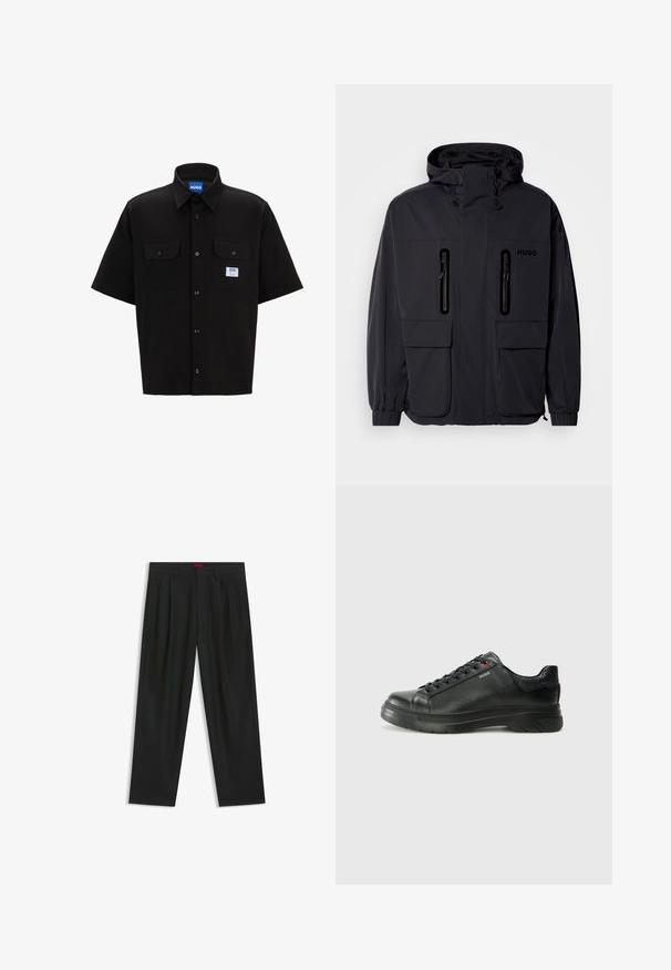 Zwarte waterdichte jas met een capuchon, twee ritszakken op de borst en elastische manchetten. Heeft een minimalistisch ontwerp en "HUGO" branding.; Zwarte korte mouwen shirt met een gestructureerde kraag, twee voorzakken, knoopsluiting en een klein blauw-wit logo label aan de linkerkant.; Zwarte broek met een geplooid ontwerp, wijde pijpen en een zachte textuur. Voorzien van een rode taillebandlabel.; Zwarte leren sneaker met een gestructureerde bovenkant, gevoerde kraag en rode logo-details. Heeft een dikke rubberen zool met een opvallend loopvlakpatroon.