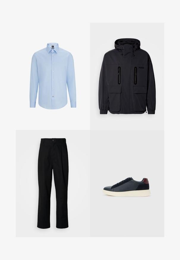 Juodas vandeniui atsparus džemperis su kapišonu, dviem užtrauktukais uždaromomis krūtinės kišenėmis ir elastingais rankogaliais. Išsiskiria minimalistiniu dizainu ir "HUGO" prekės ženklo žyme.; Šviesiai mėlynas, ilgomis rankovėmis mygtukais užsegamas marškinis su klasikinėmis apykaklėmis, pagamintas iš lygios medžiagos. Priekyje ir ant rankovių yra baltos mygtukai.; Juodas tiesus kojų kelnes su sagomis juosmenyje, diržo kilpomis ir priekine raukšle, parodytas prieš paprastą baltą foną.; Juodos odinės ir zomšinės vyriškos žemos sportinės avalynės su bordo spalvos kulkšnių juostele ir balto kaučiuko padu vaizdas iš išorės.