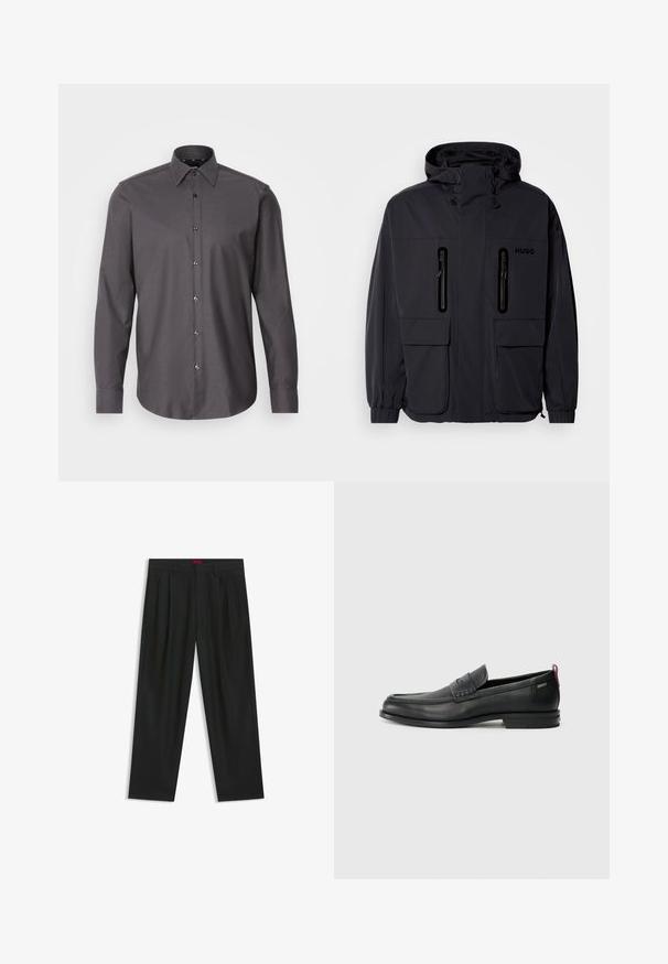 Zwarte waterdichte jas met een capuchon, twee ritszakken op de borst en elastische manchetten. Heeft een minimalistisch ontwerp en "HUGO" branding.; Donkergrijs overhemd met lange mouwen, kraag en een klein textuurpatroon. Voorzien van glanzende knopen en een ronde zoom.; Zwarte broek met een geplooid ontwerp, wijde pijpen en een zachte textuur. Voorzien van een rode taillebandlabel.; Zwarte leren instappers met een textuur aan de voorkant en gladde zijden. Voorzien van een slanke hak en een lus aan de achterkant voor gemakkelijk aan- en uittrekken. Klassiek ontwerp.