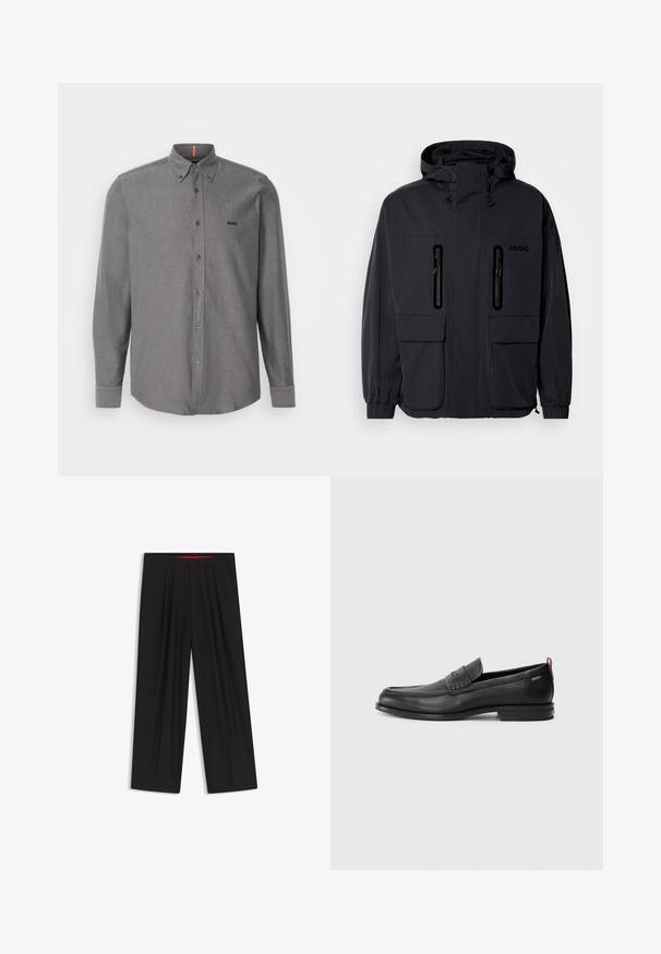 Giacca impermeabile nera con cappuccio, due tasche a zip sul petto e polsini elastici. Presenta un design minimalista e il marchio "HUGO".; Camicia grigia a maniche lunghe con bottoni, in misto cotone, con colletto a punta, tasca frontale e logo sul petto. Presenta un orlo curvo e polsini con bottone.; Pantaloni neri a gamba larga con fronte piatto, due tasche laterali, design plissettato e un elastico in vita di colore rosso a contrasto.; Mocassini in pelle nera con un pannello anteriore testurizzato e lati lisci. Presentano un tacco sottile e un anello sul retro per una vestibilità facile. Design classico.