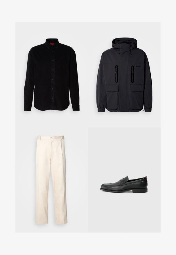Giacca impermeabile nera con cappuccio, due tasche a zip sul petto e polsini elastici. Presenta un design minimalista e il marchio "HUGO".; Camicia in corda nera con maniche lunghe, colletto button-down e un logo ricamato discreto sul petto. Vestibilità classica con una superficie testurizzata.; Pantaloni in cotone beige con taglio dritto, dotati di chiusura a bottone e pence sul davanti per un tocco di dettaglio in più.; Mocassini in pelle nera con un pannello anteriore testurizzato e lati lisci. Presentano un tacco sottile e un anello sul retro per una vestibilità facile. Design classico.